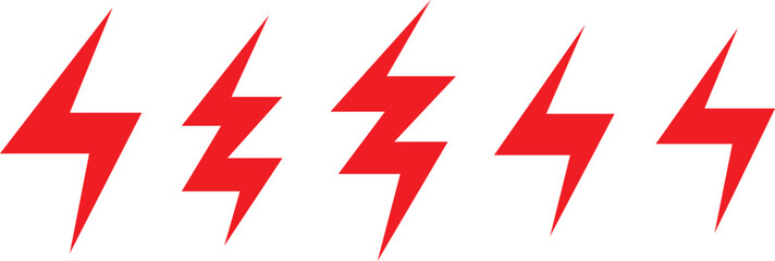 Poster - set of red lightning bolt, electric thunderbolt, lightning strike, vector illustration.