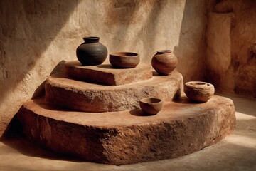 Poster - Handmade ceramic vessels arranged on rough stone platforms with shadows, creating a rustic still life setting