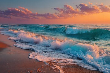 Poster - Waves crashing on a sandy beach during a beautiful colorful sunset in the golden hour at the coastline, creating sea foam as the tide comes in near the shore