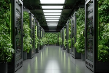 Poster - Futuristic data center with plant life inside server racks showing a green sustainable technology solution for computer systems