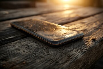 Aufkleber - Mobile phone displays water droplets on wooden dock with pacific ocean sunset in california near dusk during golden hour