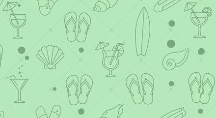 Summer themed pattern with cocktails flip flops seashells and surfboards.