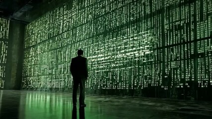 Wall Mural - Man in Suit Facing Digital Code Wall