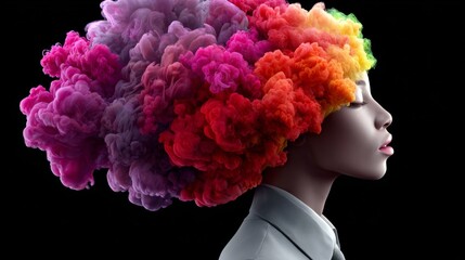 Wall Mural - woman with a colorful mane of hair is shown in a black background. concept of creativity and individ