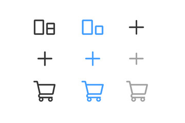 Poster - Glowing icons: shopping carts, plus signs, and devices on black background