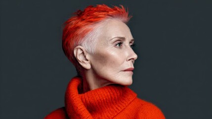 Wall Mural - woman with red hair and a red sweater. she is looking at the camera. the image has a warm and inviti