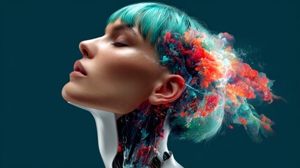Wall Mural - woman with a green head and orange hair is shown with a blue background. the image is a representati