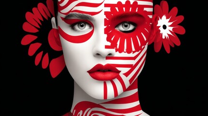 Wall Mural - woman's face is painted with red and white stripes. the woman's face is the main focus of the image