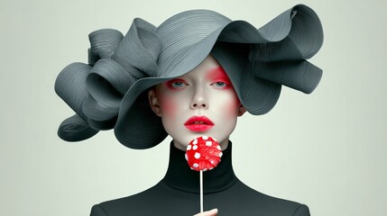 Wall Mural - woman wearing a hat and holding a red lollipop. the hat is large and the lollipop is small