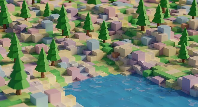 Low Poly 3D Landscape Forest, River, and Mountains