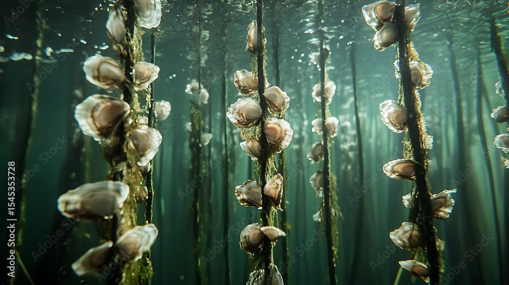 Underwater view of vertical ropes covered in oyster shells in a murky ...