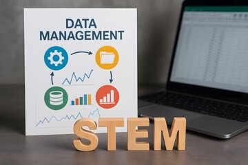 Fototapete - An inspiring conceptual setup showing data management workflow and STEM on a digital laptop's screen, signifying digital transformation. The perfect visual for industry related content.