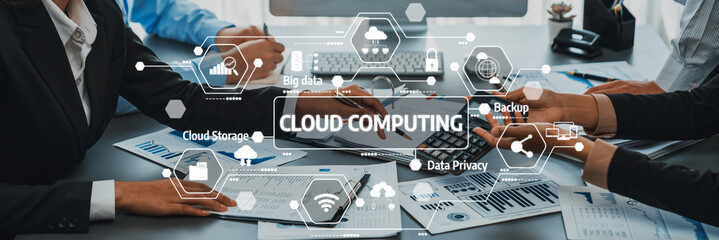 Poster - Business professionals discussing cloud computing solutions at a meeting, focusing on data privacy, backup strategies, and innovative storage options for better efficiency. Amity