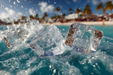 Three ice cubes splashing into clear turquoise water at a sunny beach with palm trees and blue sky, creating a refreshing and dynamic summer scene.
