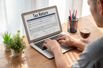 Poster - Online tax return form for submitting individual income tax return form snugly on the internet website. Government web for tax payment and return. Taxation technology concept.