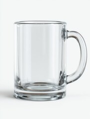 Poster - A crystal-clear glass mug, with its smooth handle, rests against a pristine white background, highlighting its transparency and minimalist design, ready to hold a refreshing beverage.