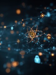 Poster - Vibrant abstract quantum network with digital keys and lock icons showcasing the cutting edge applications of quantum computing in advanced encryption and cybersecurity