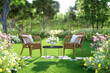 © onzon - 3d render of a serene garden patio with two wicker chairs and a small table holding a white flower vase, surrounded by lush greenery in a peaceful natural setting.