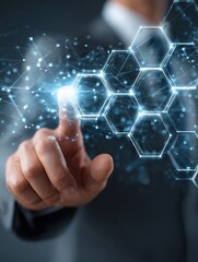 Poster - Businessman touching structure of business technology on data network to adapt implement new policies and technology to support it effectively. Enhance customer experience and stay competitive