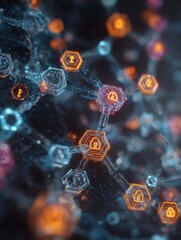 Poster - Vibrant abstract quantum network with digital keys and lock icons showcasing the cutting edge applications of quantum computing in advanced encryption and cybersecurity