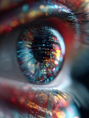 Poster - Close-up of an eye reflecting colorful digital lights, symbolizing technology and futuristic vision.
