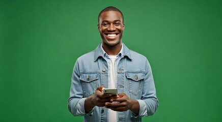 Smiling african american man using his smartphone on a green background