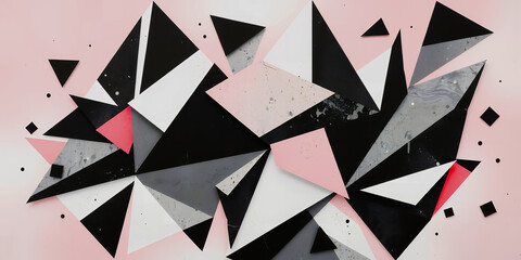 Poster - Abstract geometric design featuring triangles squares and circles in pink black and white tones