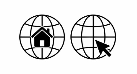 Aufkleber - This high-quality vector graphic features two minimalist black globe icons, one with a house and the other with a cursor arrow, emphasizing location and interaction with fine details.