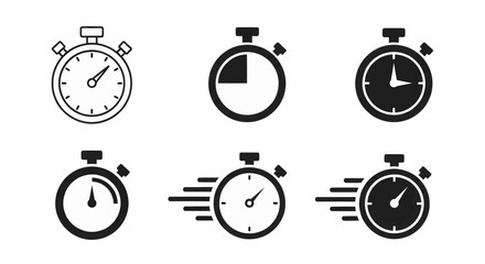 Aufkleber - This high-quality vector graphic features six distinct minimalist stopwatch icons in solid black and outlines, with hands, filled sections, and motion lines, all with fine details.