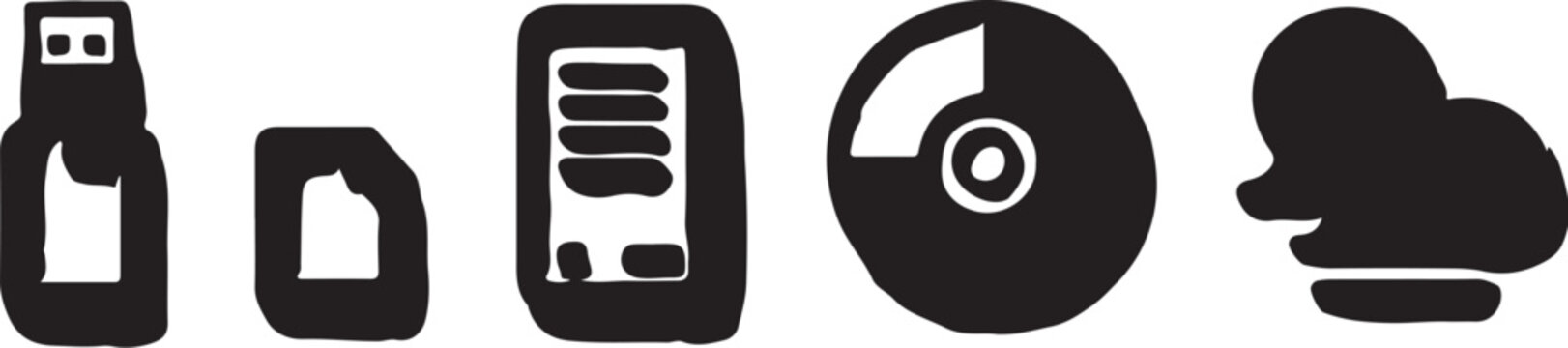 Simple black and white icons depicting technology and data storage concepts