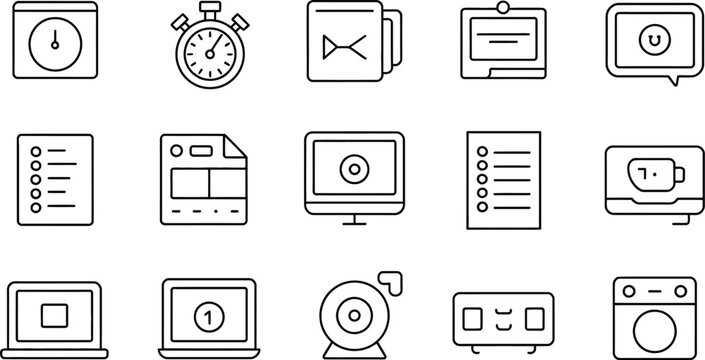 Various outlined icons arranged in a grid pattern on a white background
