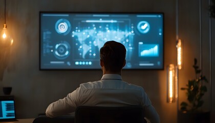 Poster - An individual working in a modern office, analyzing data on a large screen with visual analytics. The setting showcases a blend of creativity and technology for professionals.