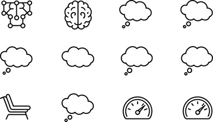 Twelve black and white icons arranged in a grid pattern on a light background