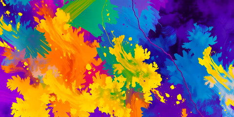 Leinwandbilder - An abstract painting with vibrant splashes of yellow orange blue green and purple hues artfully arranged