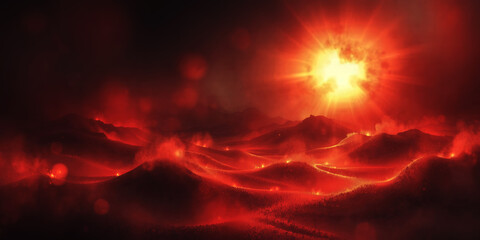 Poster - Bright light shining over a fiery landscape with red clouds and glowing lava formations