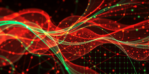 Poster - Abstract rendering of red and green flowing lines with dotted grid in the background art