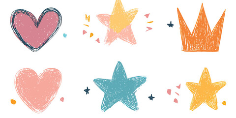 Poster - Hand drawn textured heart star crown shapes set with grunge brush effect colorful abstract vector illustration for modern design and decoration use