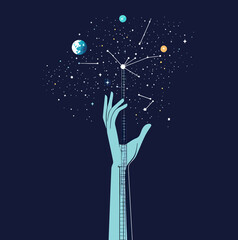 Poster - Abstract hand reaching ladder to star constellation with planets and cosmic elements on dark background creative space exploration concept vector illustration
