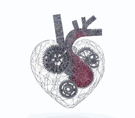 Poster - Abstract wireframe human heart with mechanical gears and cogs inside, digital 3D polygonal cardiac anatomy, biotechnology and artificial organ concept illustration
