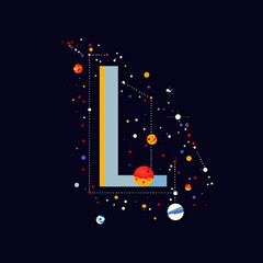 Poster - Letter L shaped star constellation with planets stars and space elements on dark background minimalist flat vector design for technology and science concept