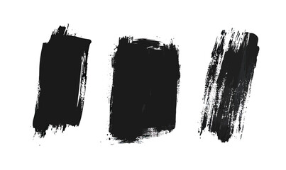 Poster - Three black brush stroke paint textures with rough edges on white background isolated grunge design elements artistic minimal vector illustration