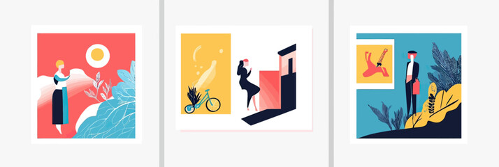 Poster - Set of three minimalist flat vector business web banner templates featuring stylized professional people outdoors with nature and geometric backgrounds for social media and advertising