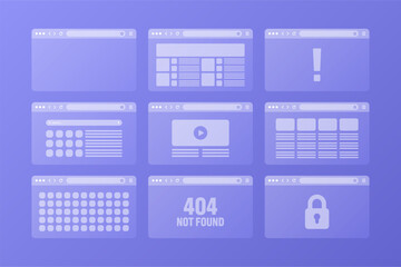 Fototapete - Web browser window, transparent pages layout with toolbar and search field. Modern website, internet page. Browser mockup for computer, tablet and smartphone. Adaptive UI. Vector illustration