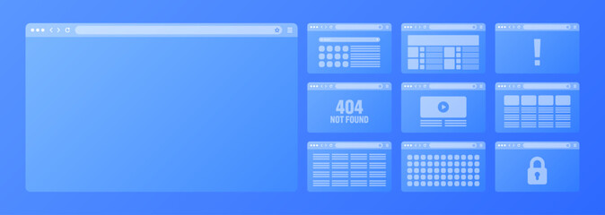 Fototapete - Web browser window, transparent pages layout with toolbar and search field. Modern website, internet page. Browser mockup for computer, tablet and smartphone. Adaptive UI. Vector illustration