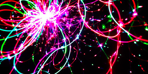 Poster - A vibrant display of colorful light streaks emanating from a central point on a black backdrop