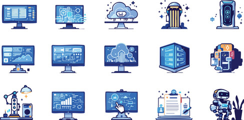 Poster - Digital technology illustrations showcasing cloud computing artificial intelligence and data visualization.