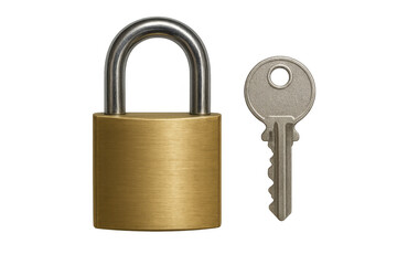 Poster - Gold padlock and metal key isolated on transparent background, symbolizing security, protection, privacy, and access control