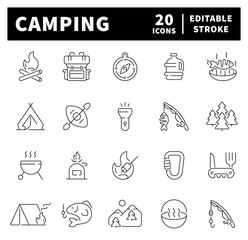 Poster - Camping vector icons. Camping icon set. Holiday, vacation, hiking, fishing, travel, camping related icons. Thin line editable stroke
