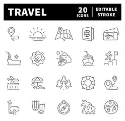 Poster - Travel vector icons. Travel icon set. Holiday, vacation, plane, passport, hotel, palm tree, travel, beach, travel related icons. Thin line editable stroke