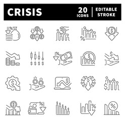 Poster - Economic crisis thin line icons set. Decrease, layoff, job fired, pay cuts, low cost, crisis related icons